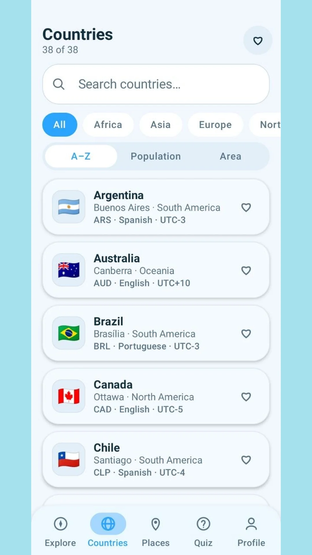 Countries tab